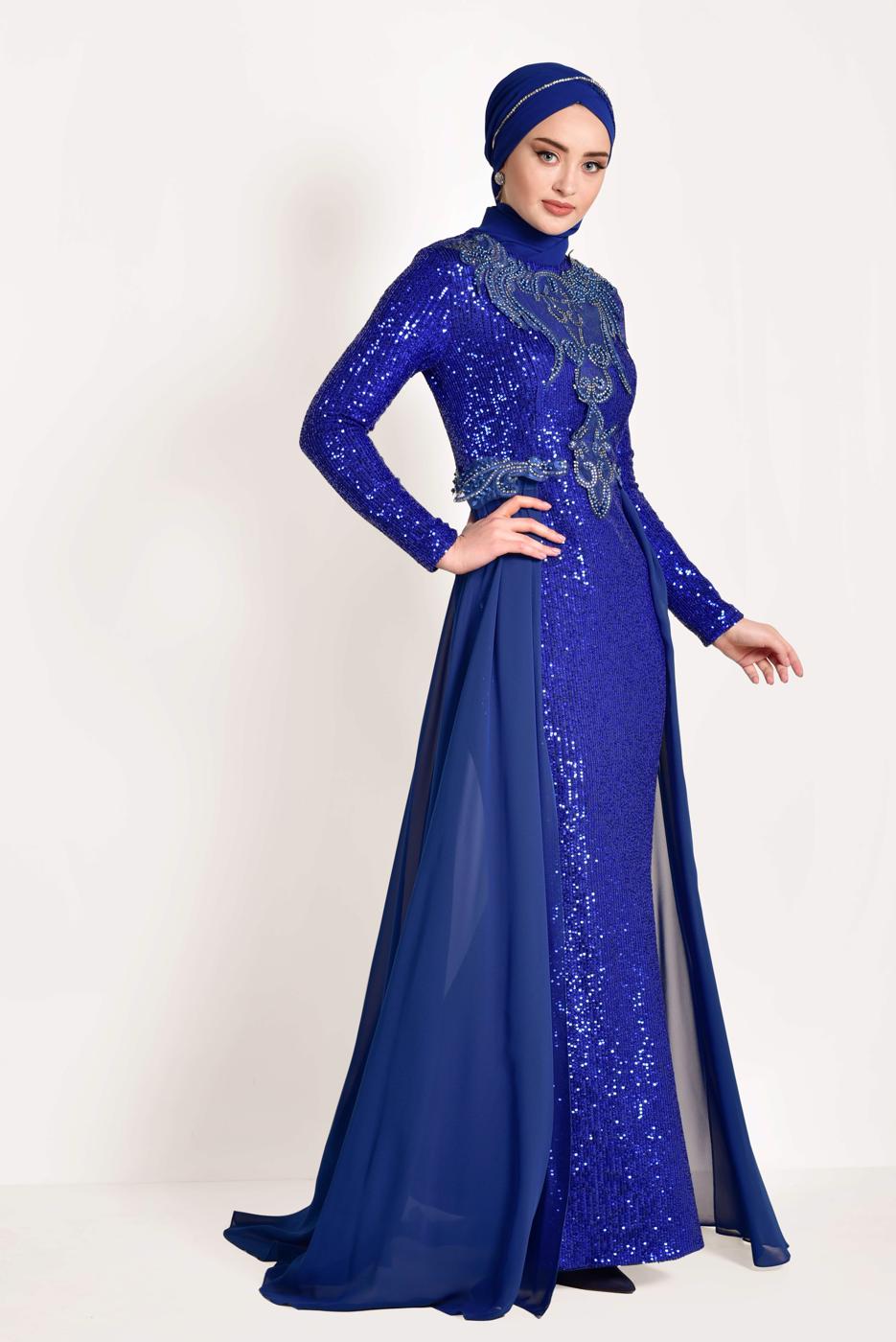 Tesettür giyim LACİVERT TÜL DETAYLI SİMLİ ABİYE ELBİSE T 24725