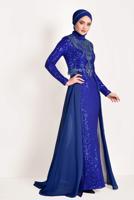 Tesettür giyim LACİVERT TÜL DETAYLI SİMLİ ABİYE ELBİSE T 24725