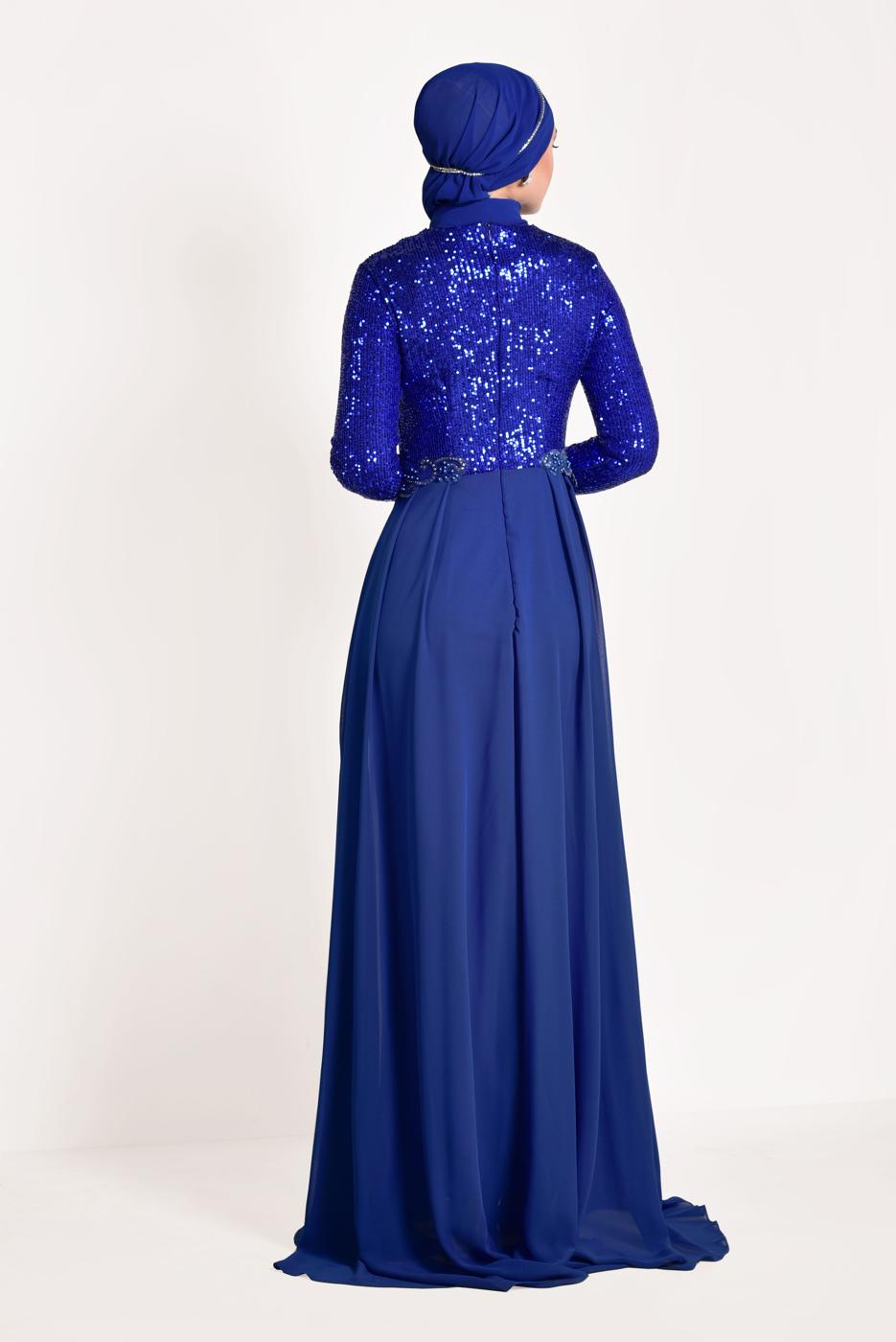 Tesettür giyim LACİVERT TÜL DETAYLI SİMLİ ABİYE ELBİSE T 24725