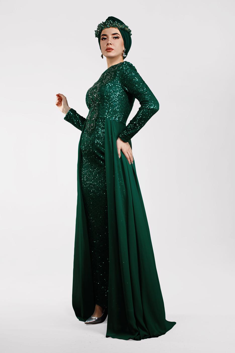 Hijab clothing GREEN Pelerine Sequined Evening Dress T 42725 
