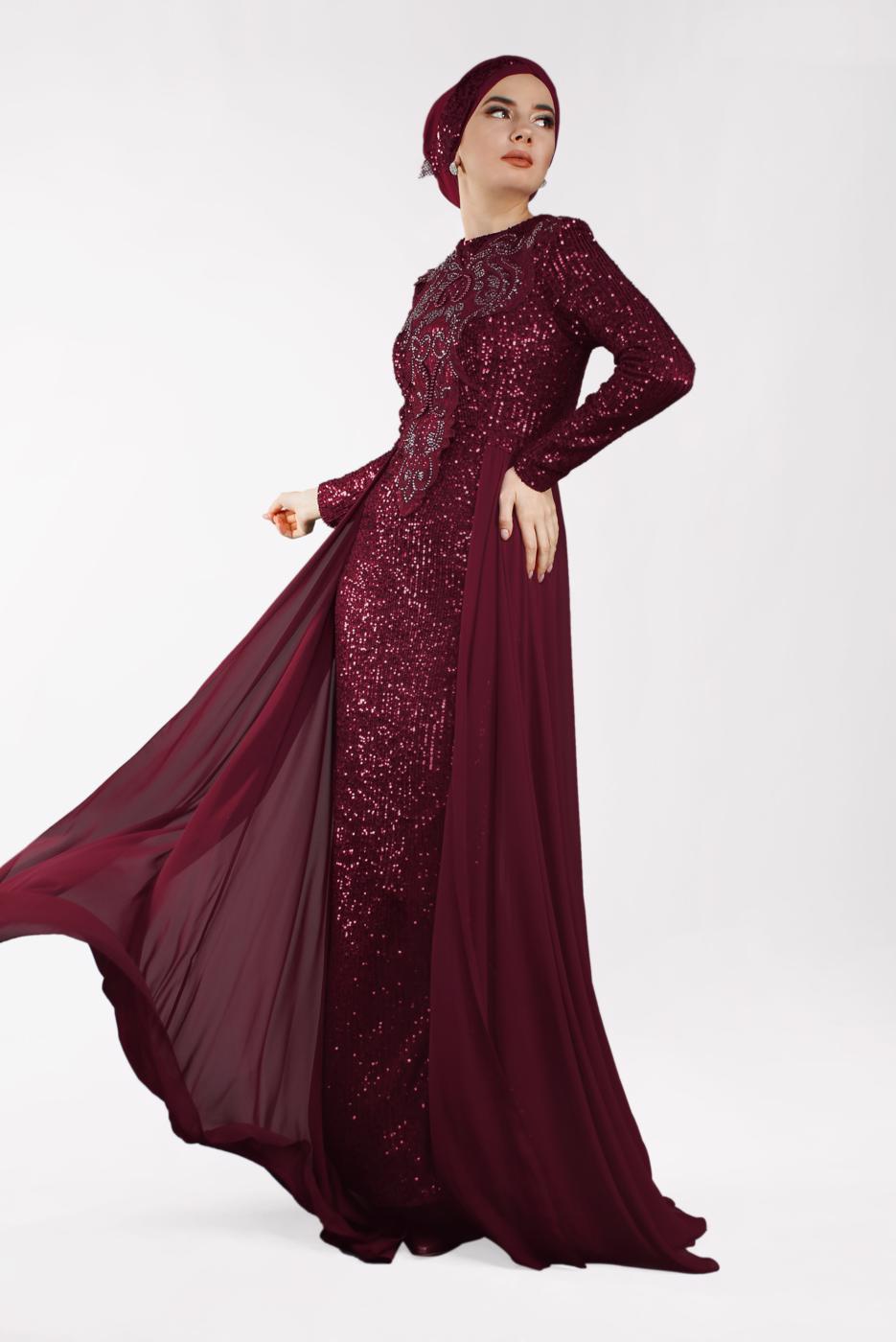 Tesettür giyim BORDO PELERİN GÖRÜNÜMLÜ PAYETLİ ABİYE ELBİSE 42725