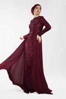 Tesettür giyim BORDO PELERİN GÖRÜNÜMLÜ PAYETLİ ABİYE ELBİSE 42725