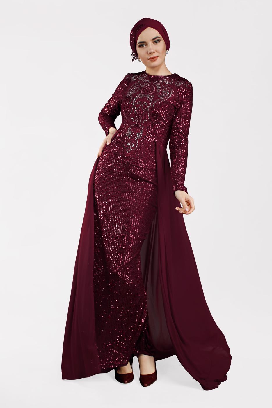 Tesettür giyim BORDO PELERİN GÖRÜNÜMLÜ PAYETLİ ABİYE ELBİSE 42725