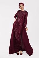 Tesettür giyim BORDO PELERİN GÖRÜNÜMLÜ PAYETLİ ABİYE ELBİSE 42725