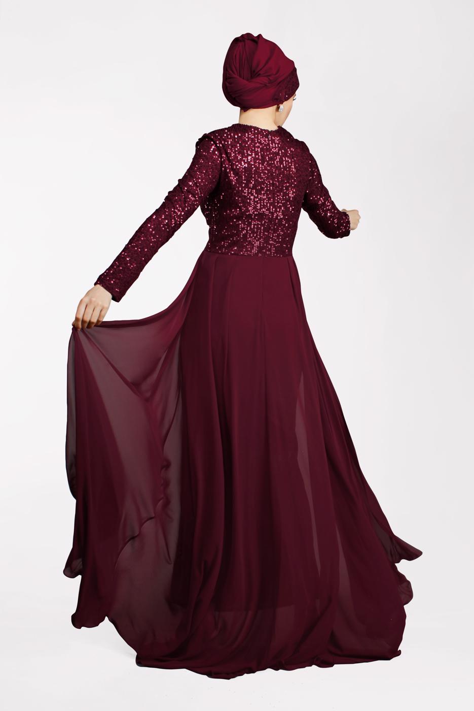 Tesettür giyim BORDO PELERİN GÖRÜNÜMLÜ PAYETLİ ABİYE ELBİSE 42725