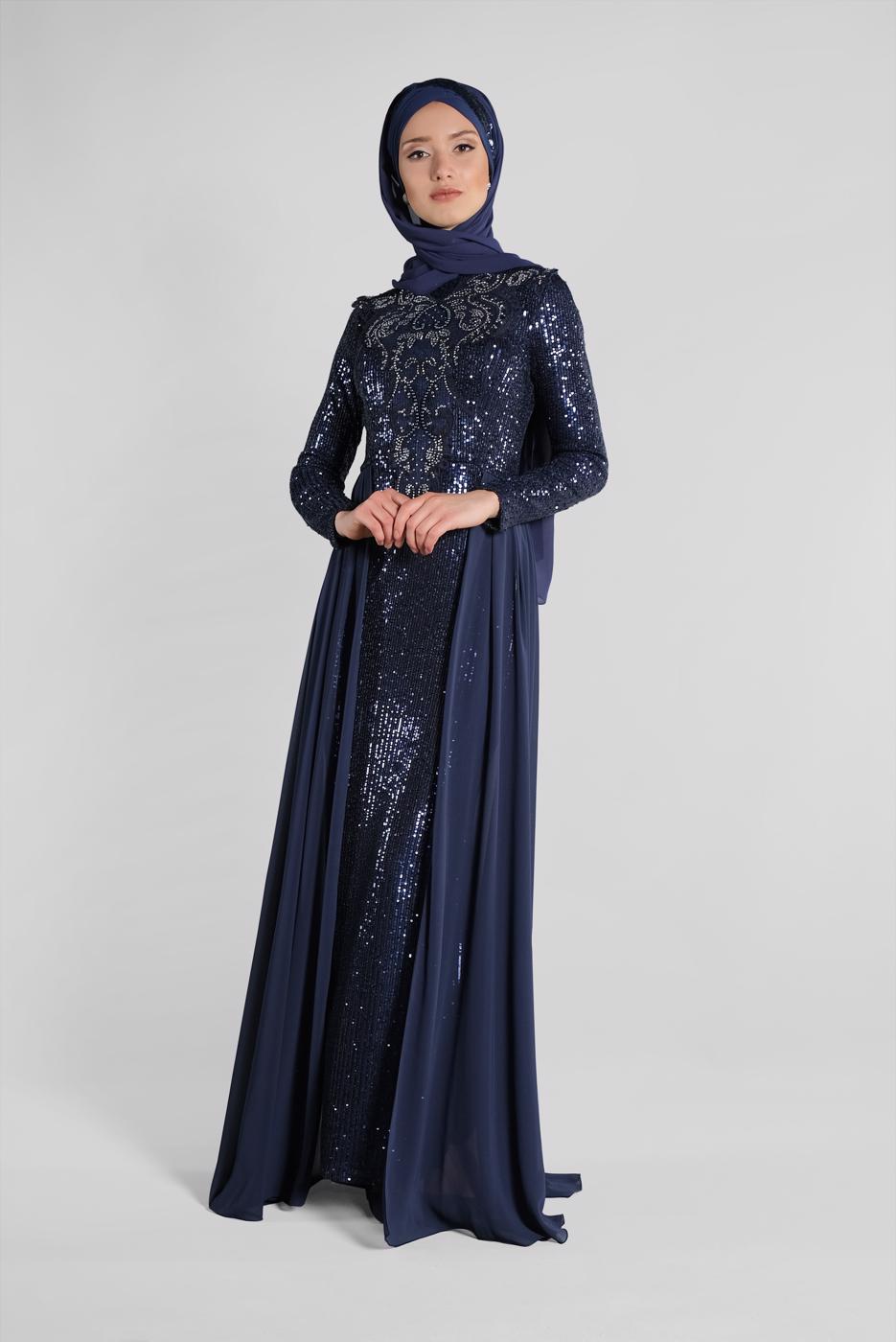Hijab clothing NAVY BLUE Pelerine Sequined Evening Dress T 42725 