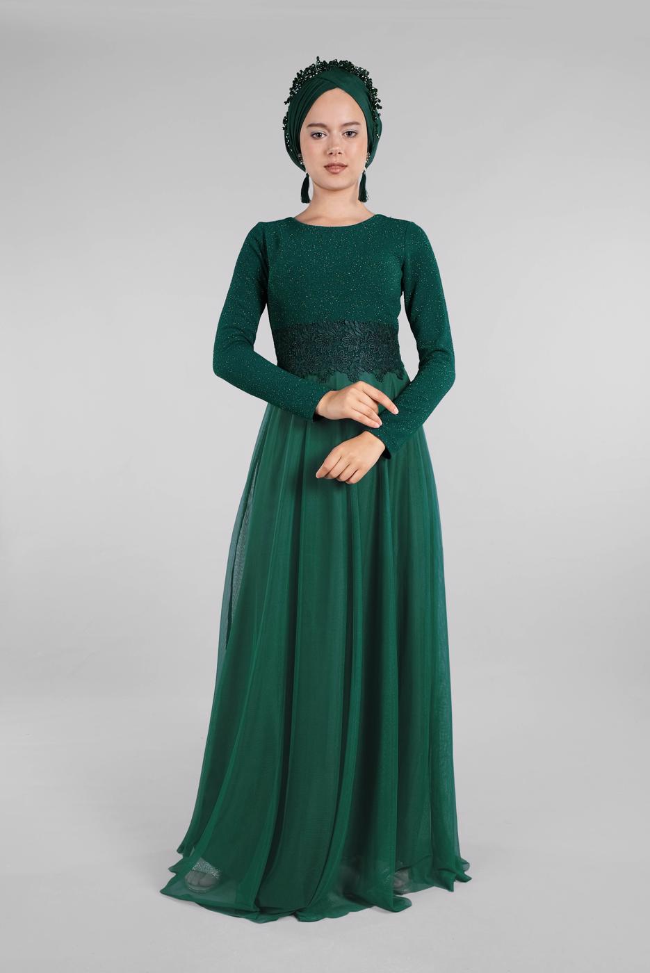 Hijab clothing GREEN Guipure Detailed Silvery Evening Dress T 53083 
