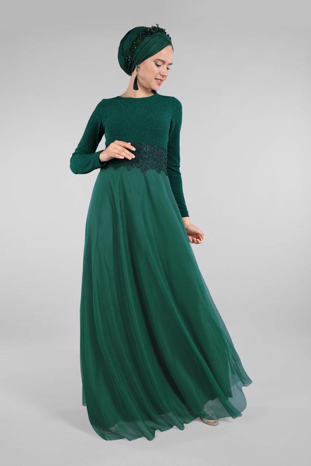 Hijab clothing  Guipure Detailed Silvery Evening Dress T 53083  - TRENDTESETTÜR