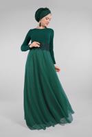 Hijab clothing GREEN Guipure Detailed Silvery Evening Dress T 53083 