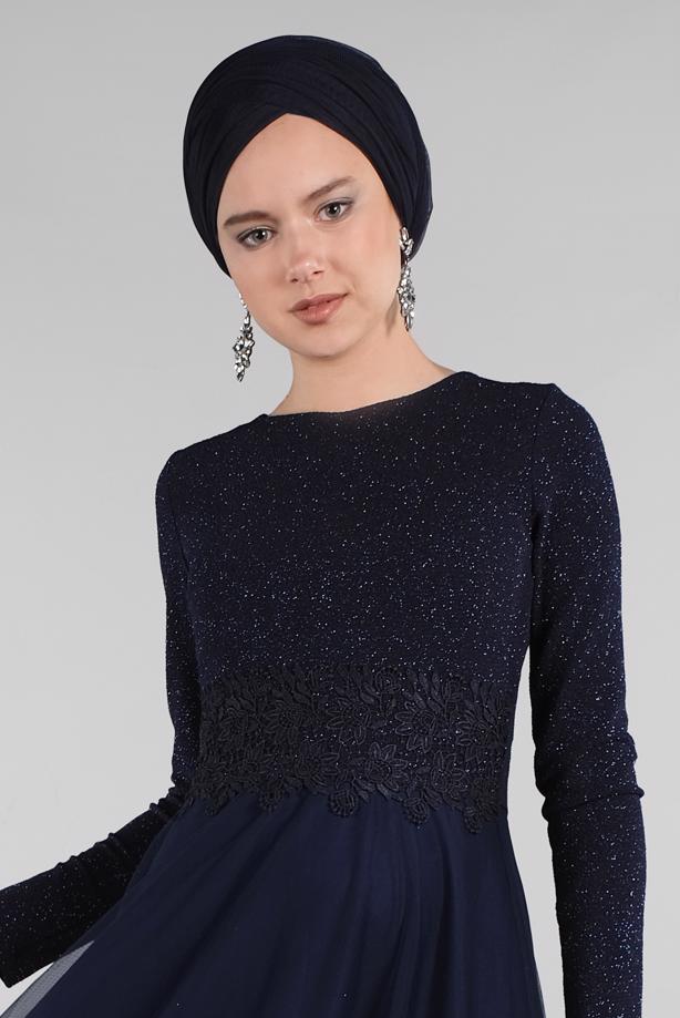 Tesettür giyim  GÜPÜR DETAYLI SİMLİ ABİYE ELBİSE 53083 - TRENDTESETTÜR