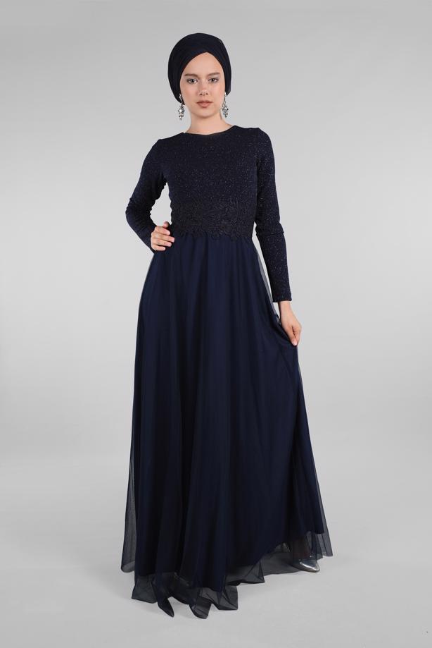 Hijab clothing  Guipure Detailed Silvery Evening Dress T 53083  - TRENDTESETTÜR