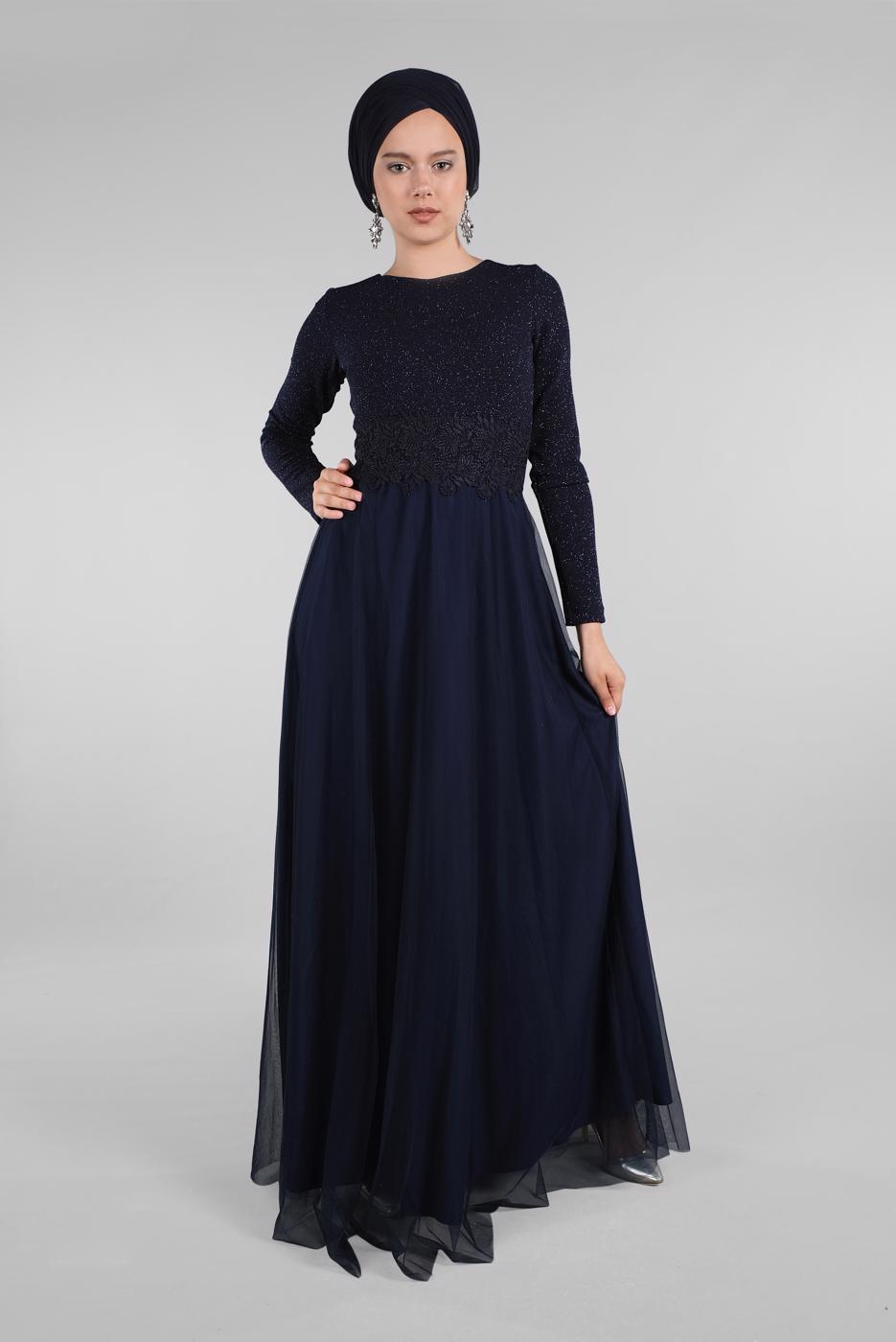 Hijab clothing NAVY BLUE Guipure Detailed Silvery Evening Dress T 53083 