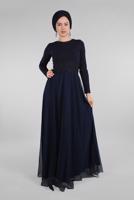 Hijab clothing NAVY BLUE Guipure Detailed Silvery Evening Dress T 53083 