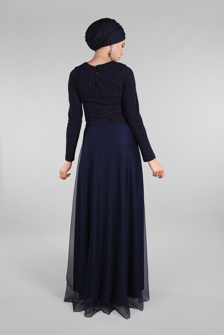 Hijab clothing NAVY BLUE Guipure Detailed Silvery Evening Dress T 53083 