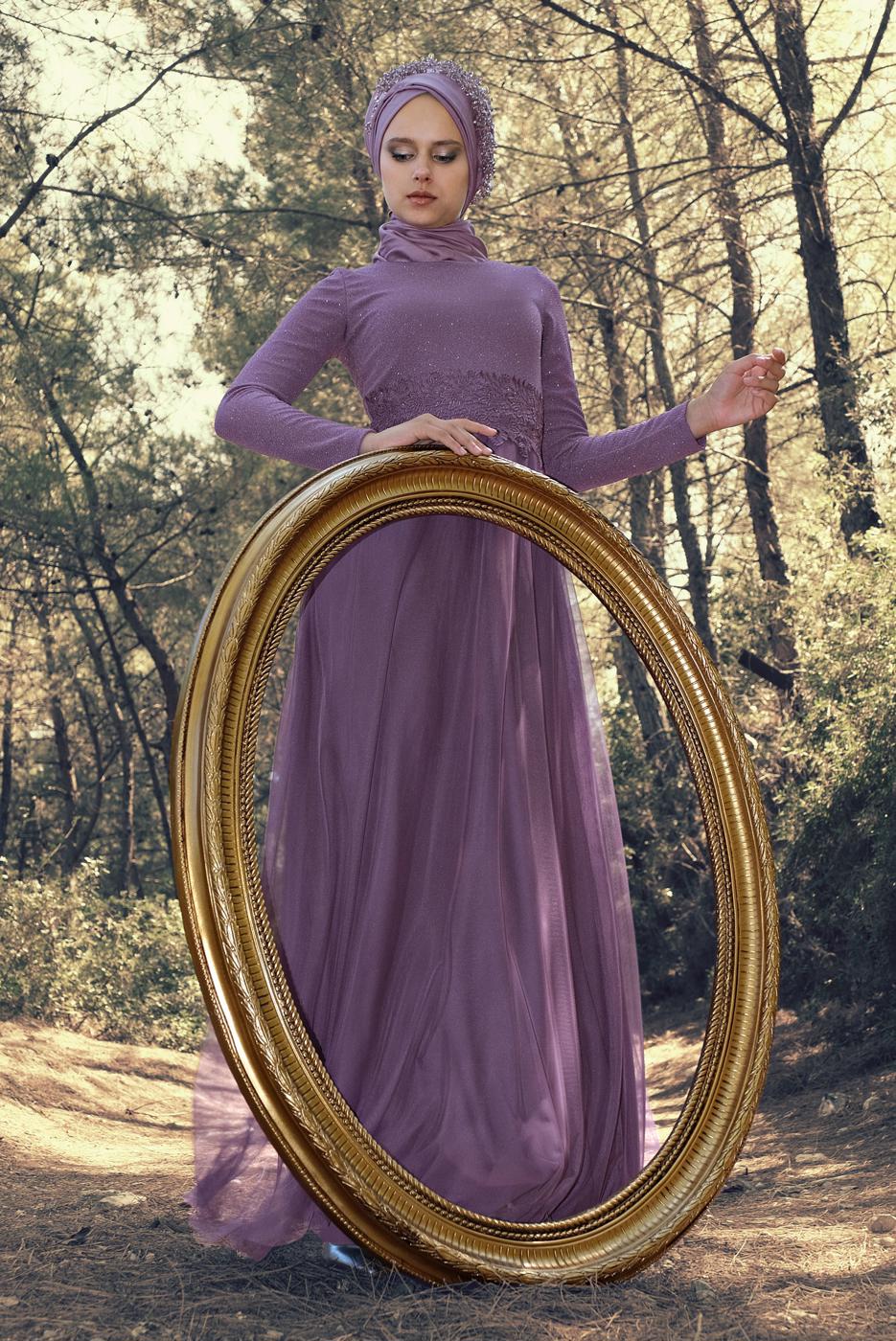 Hijab clothing PURPLE Guipure Detailed Silvery Evening Dress T 53083 