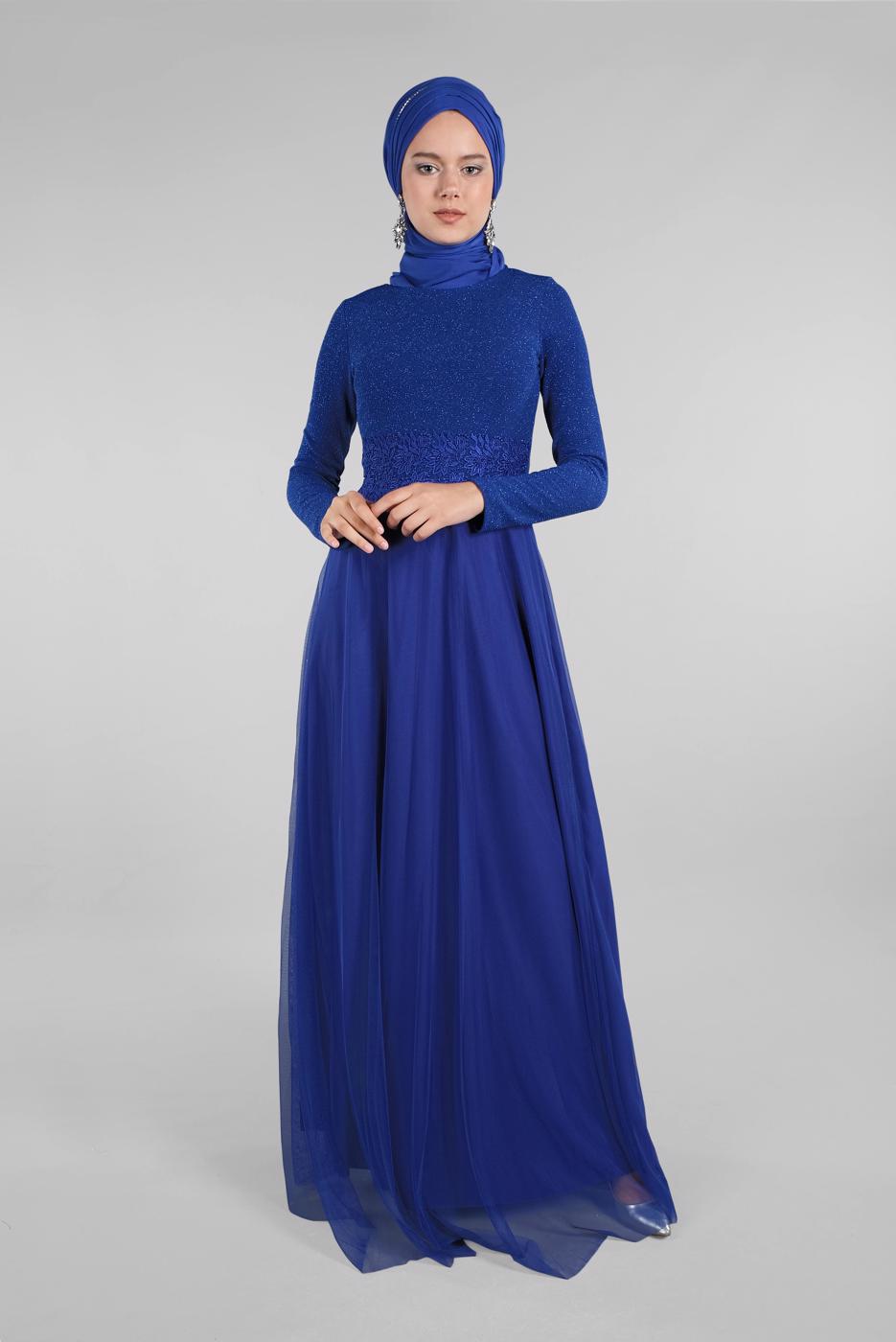 Hijab clothing NAVY BLUE Guipure Detailed Silvery Evening Dress T 53083 