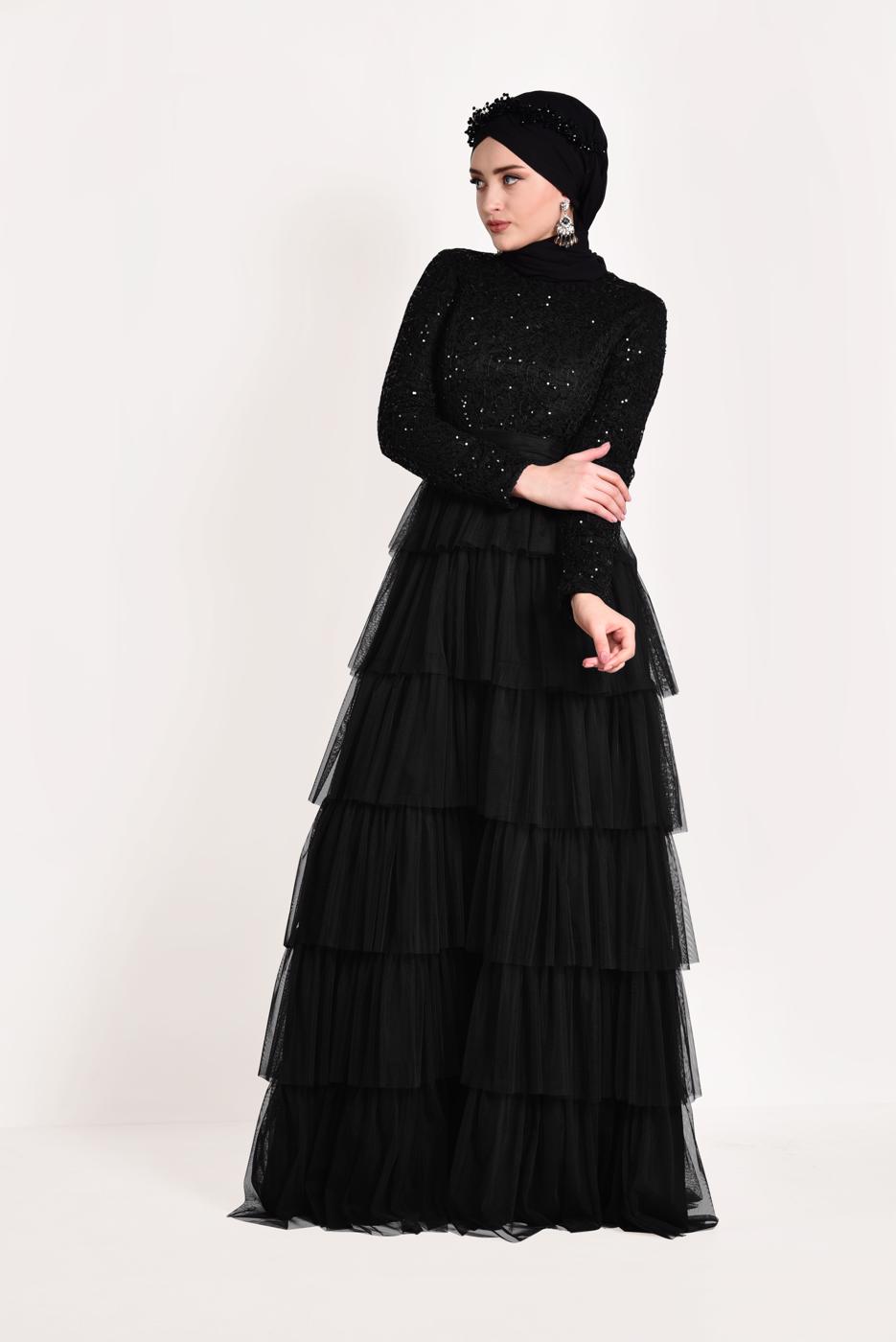 Tesettür giyim SİYAH FIRFIRLI TÜL ABİYE ELBİSE 53725 