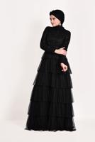 Tesettür giyim SİYAH FIRFIRLI TÜL ABİYE ELBİSE 53725 