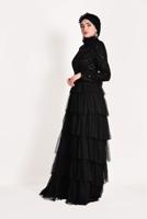 Tesettür giyim SİYAH FIRFIRLI TÜL ABİYE ELBİSE 53725 