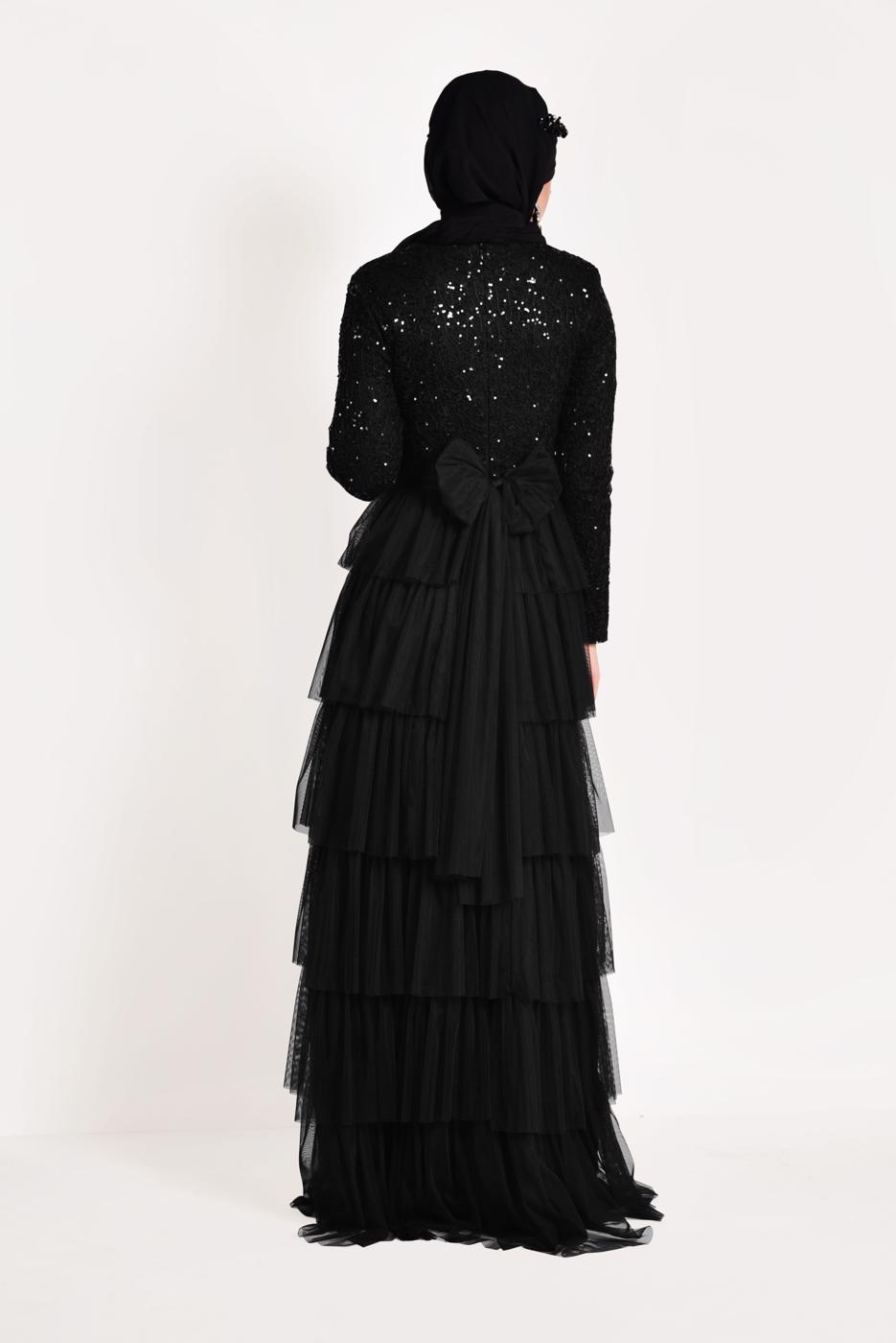 Tesettür giyim SİYAH FIRFIRLI TÜL ABİYE ELBİSE 53725 