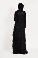 Tesettür giyim SİYAH FIRFIRLI TÜL ABİYE ELBİSE 53725 