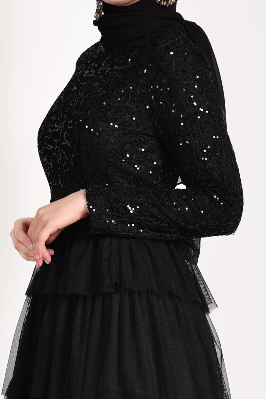 Tesettür giyim SİYAH FIRFIRLI TÜL ABİYE ELBİSE 53725 