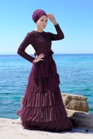 Tesettür giyim MÜRDÜM FIRFIRLI TÜL ABİYE ELBİSE 53725 