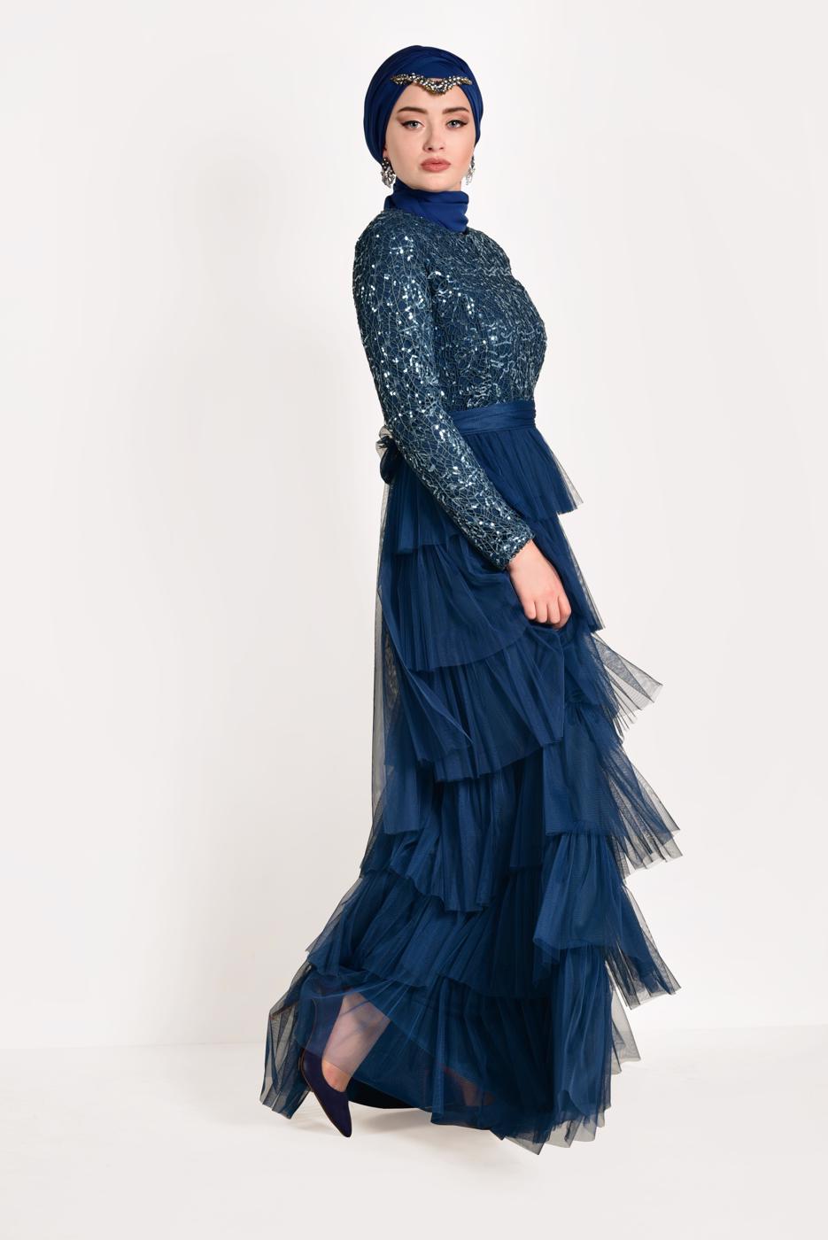 Tesettür giyim MAVİ FIRFIRLI TÜL ABİYE ELBİSE 53725 