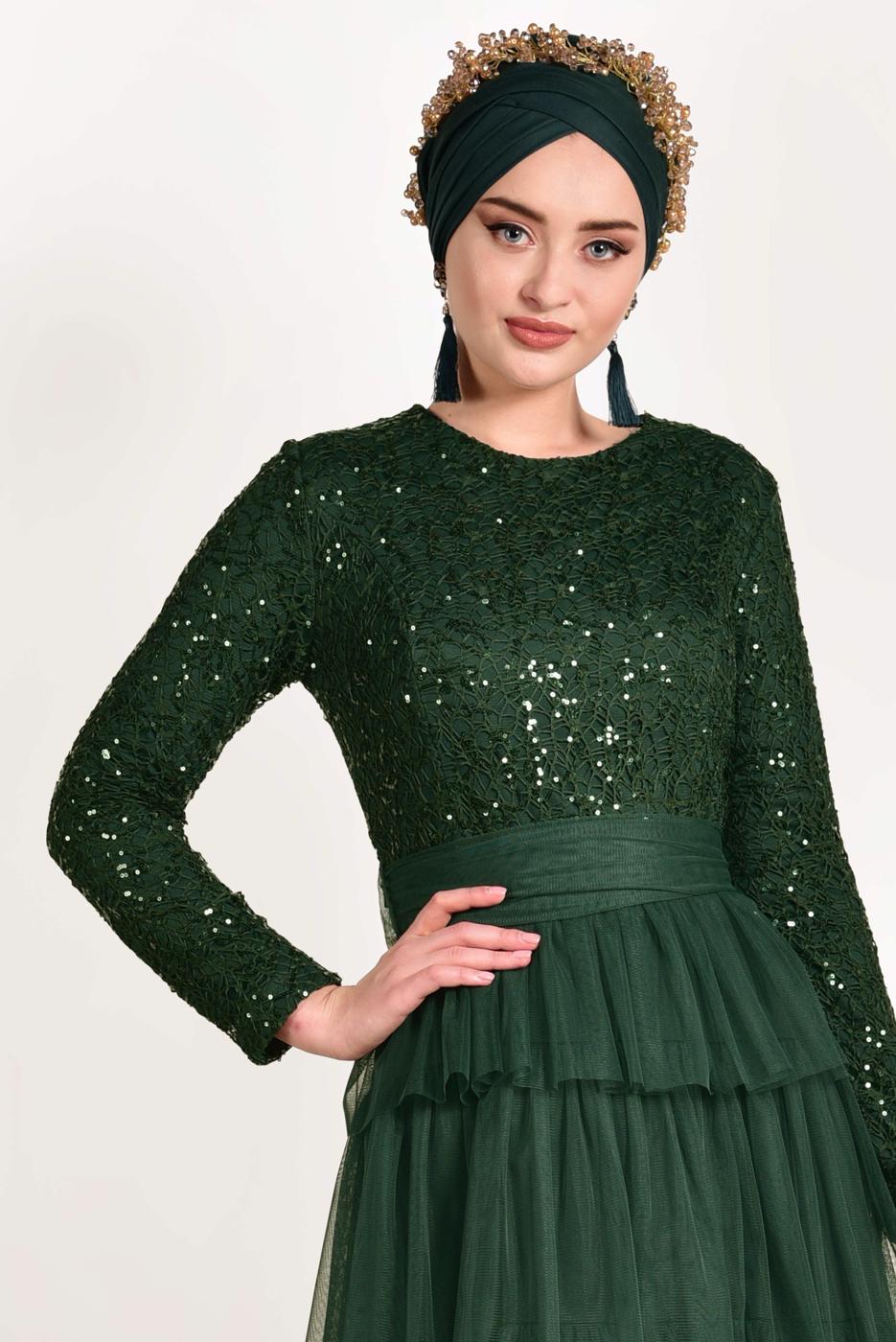 Tesettür giyim YEŞİL FIRFIRLI TÜL ABİYE ELBİSE 53725 