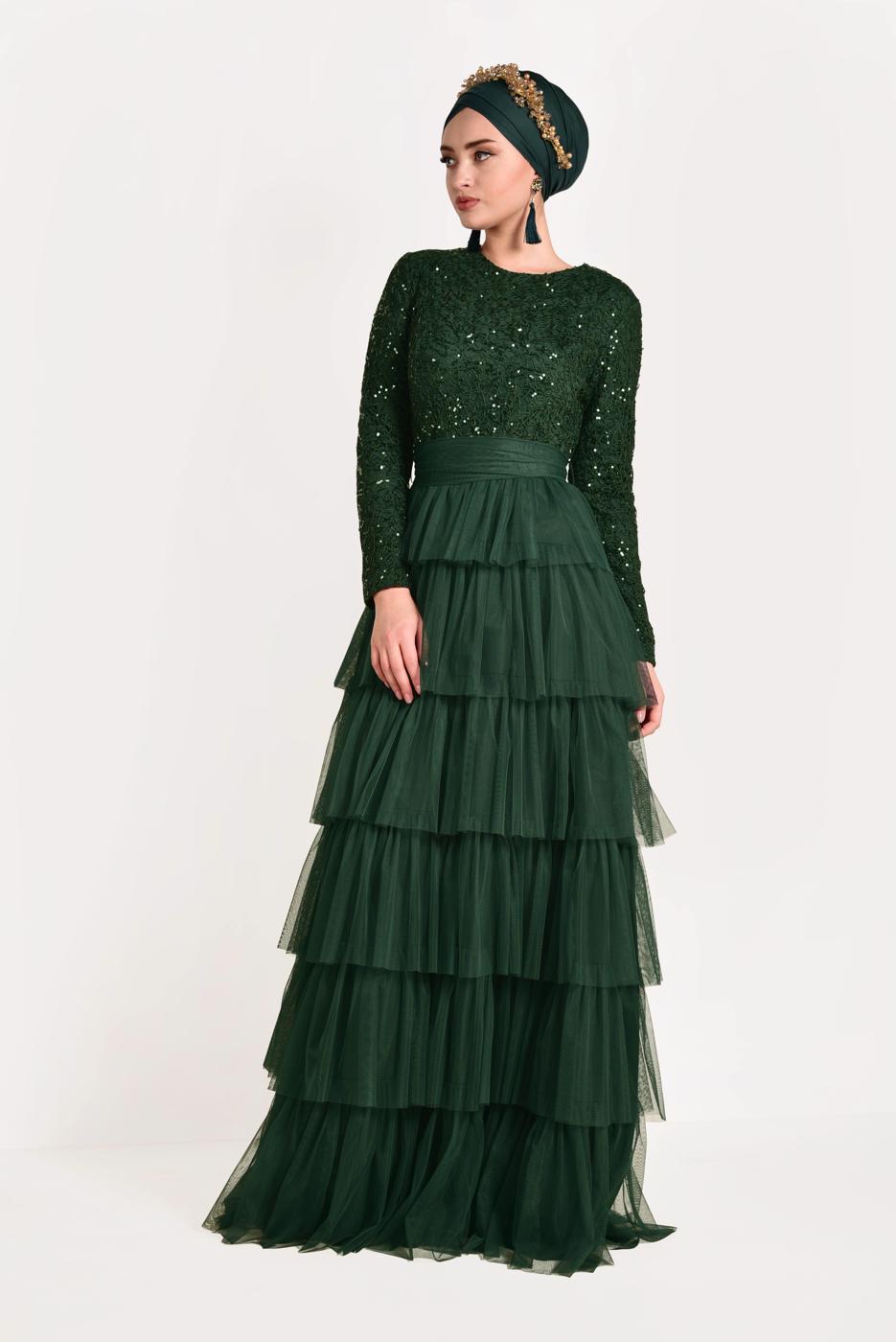 Tesettür giyim YEŞİL FIRFIRLI TÜL ABİYE ELBİSE 53725 