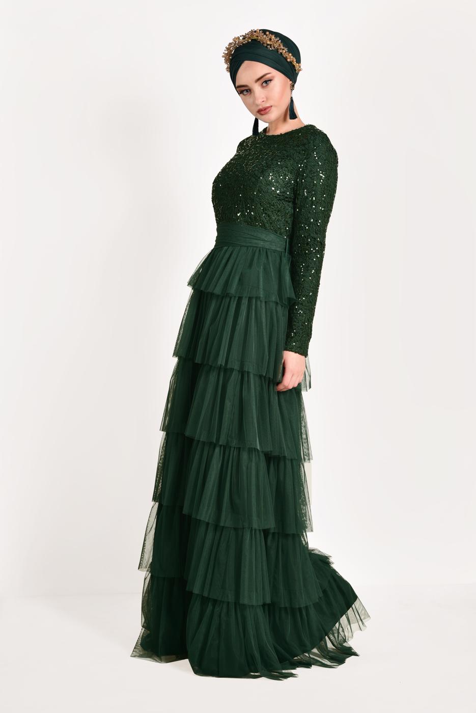 Tesettür giyim YEŞİL FIRFIRLI TÜL ABİYE ELBİSE 53725 