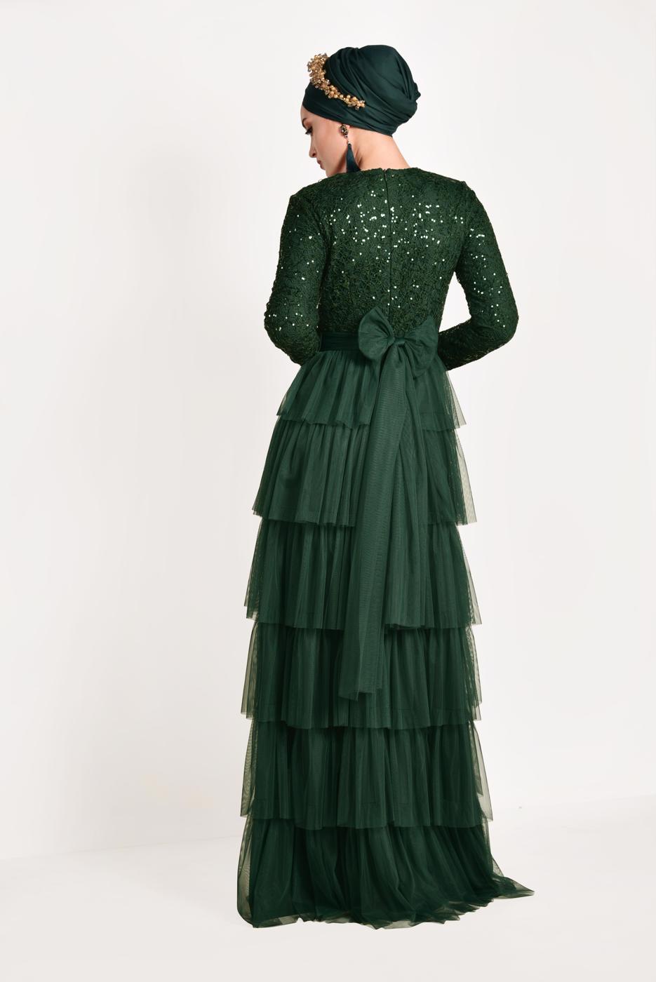 Tesettür giyim YEŞİL FIRFIRLI TÜL ABİYE ELBİSE 53725 