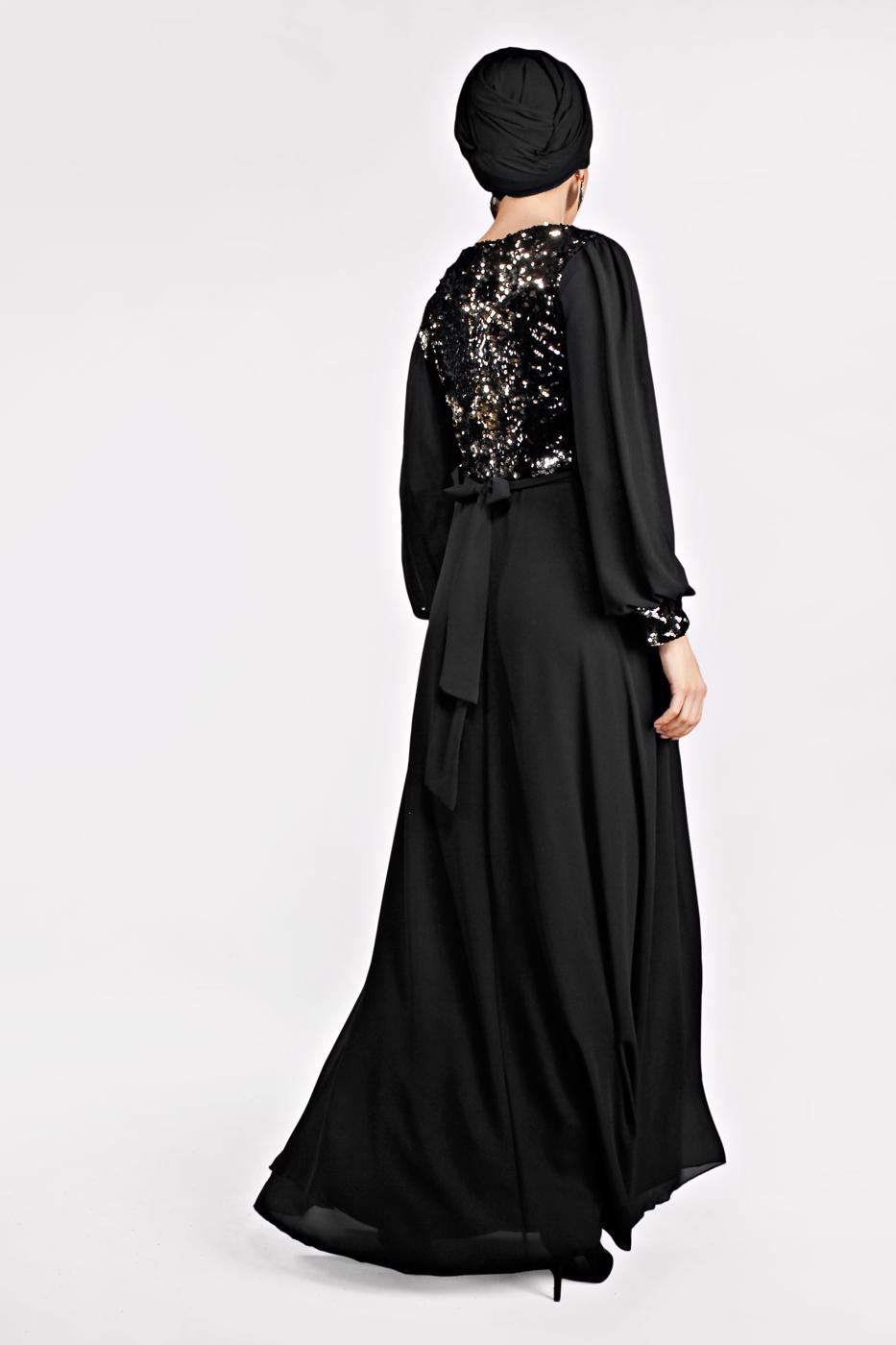 Tesettür giyim SİYAH PUL PAYETLİ ABİYE ELBİSE T 54293