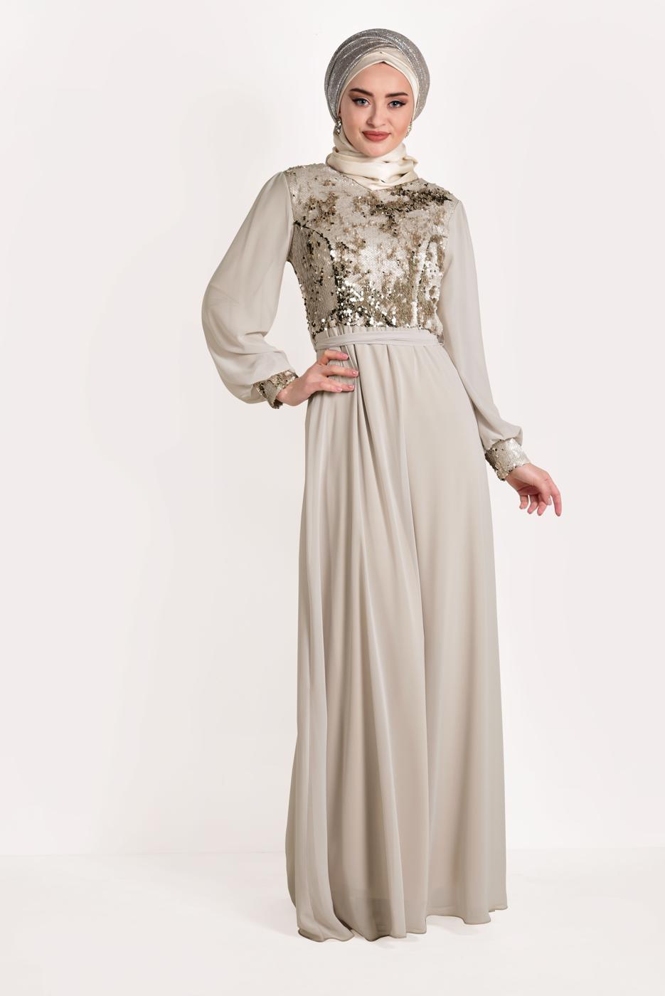 Hijab clothing BEIGE Sequined Evening Dress T 54293 