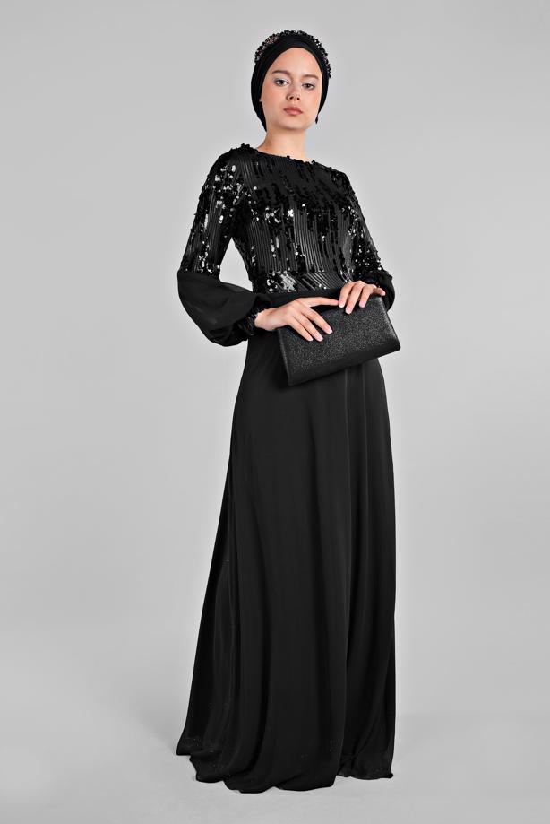 Hijab clothing  Voluminous Sleeve Sequined Evening Dress T 63393  - TRENDTESETTÜR