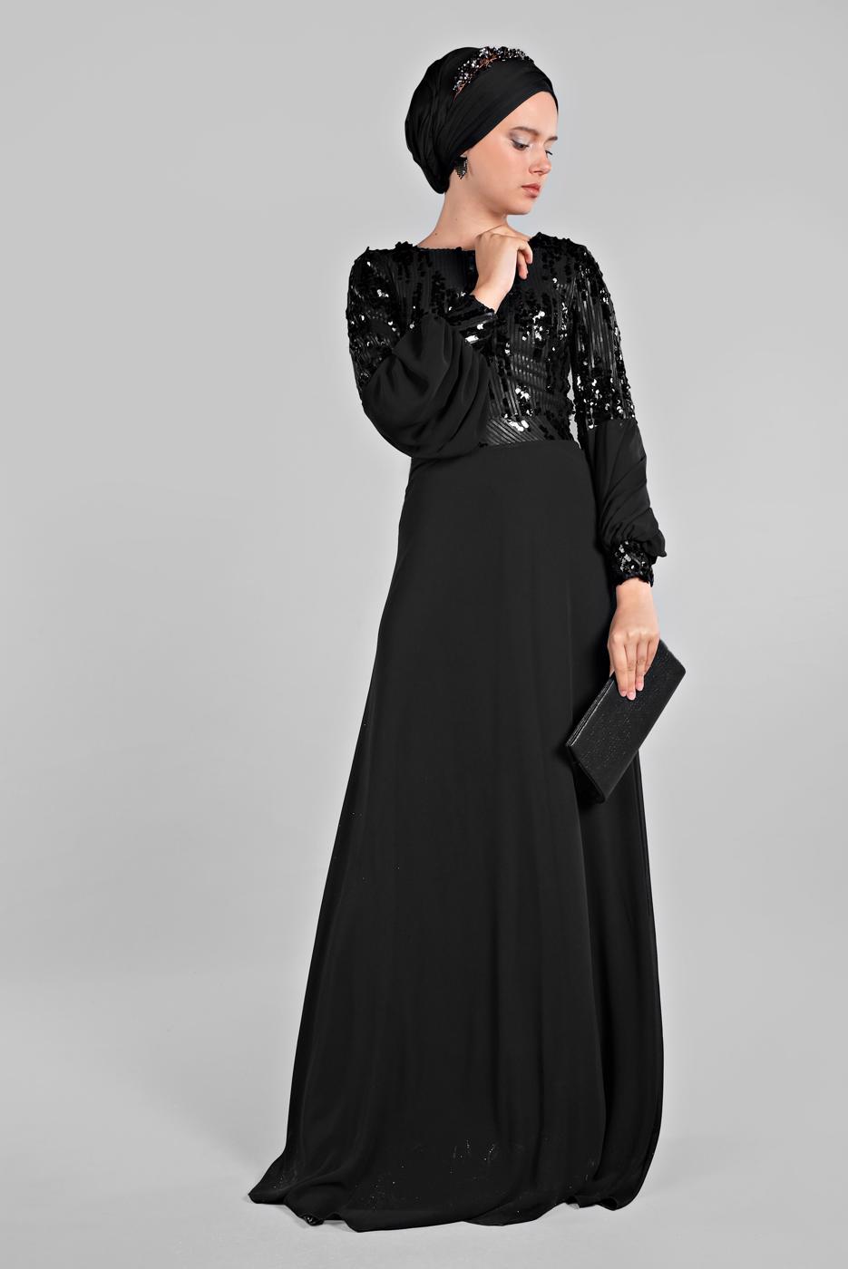Tesettür giyim SİYAH PUL PAYETLİ KOLLARI BALON ABİYE ELBİSE 63393 