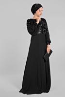 Tesettür giyim SİYAH PUL PAYETLİ KOLLARI BALON ABİYE ELBİSE 63393 