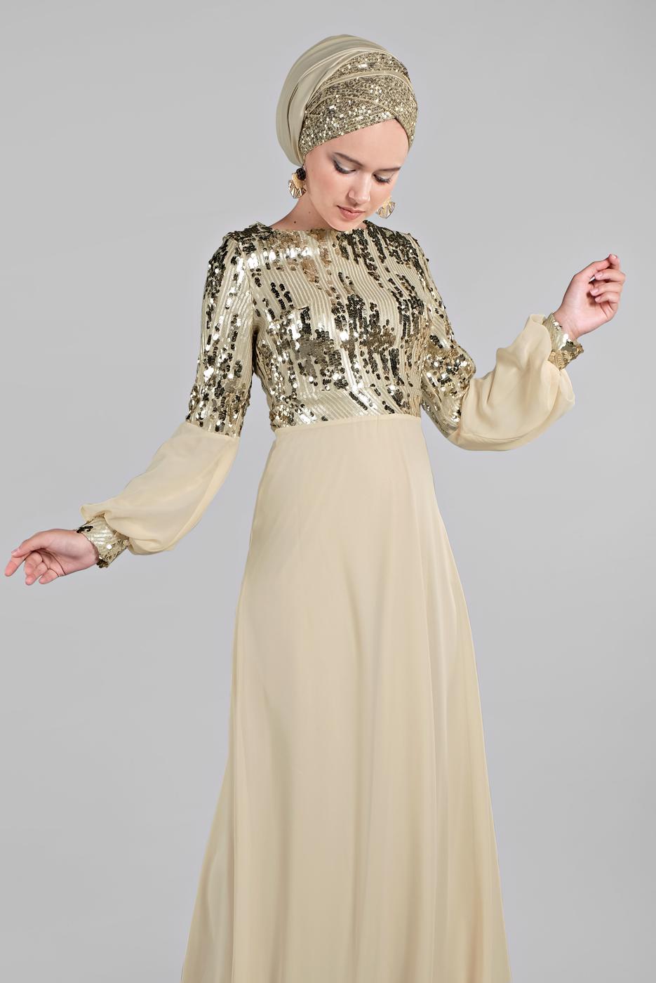 Hijab clothing BEIGE Voluminous Sleeve Sequined Evening Dress T 63393 