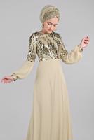 Hijab clothing BEIGE Voluminous Sleeve Sequined Evening Dress T 63393 