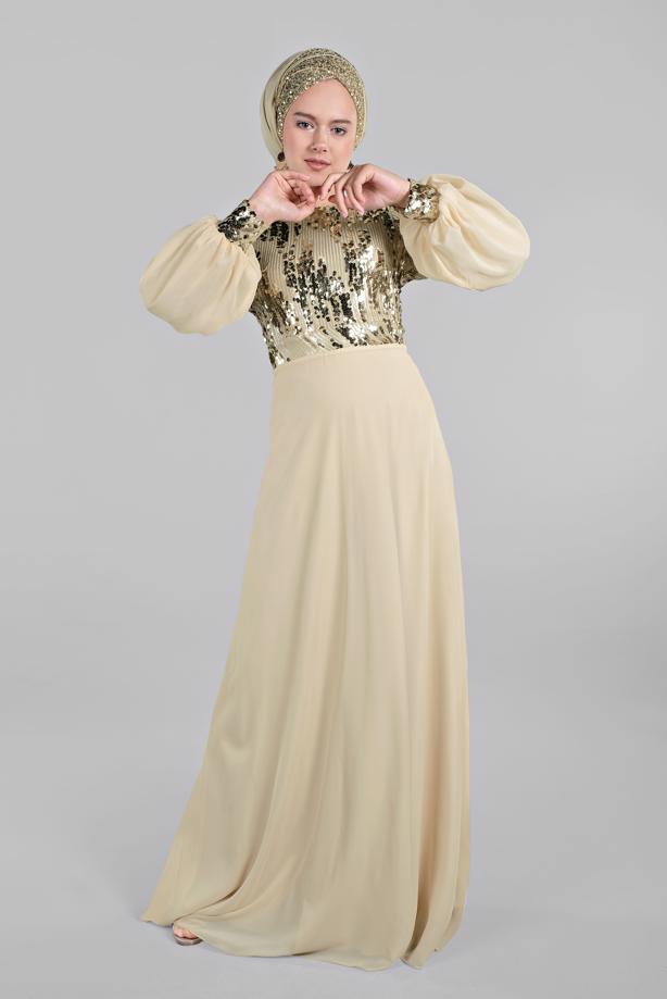 Hijab clothing  Voluminous Sleeve Sequined Evening Dress T 63393  - TRENDTESETTÜR