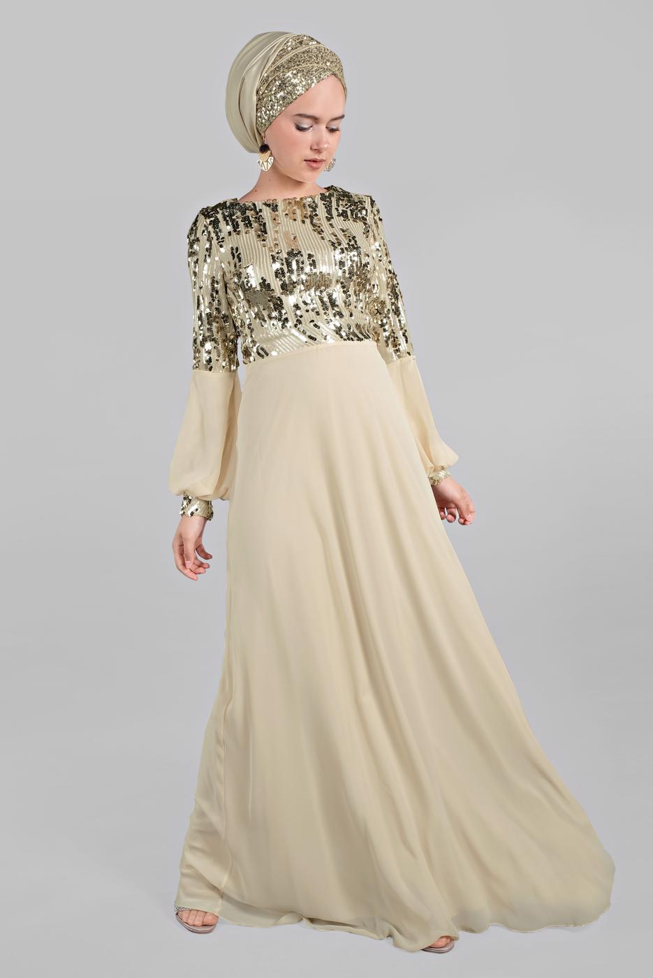 Hijab clothing BEIGE Voluminous Sleeve Sequined Evening Dress T 63393 