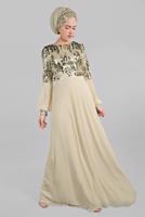 Hijab clothing BEIGE Voluminous Sleeve Sequined Evening Dress T 63393 
