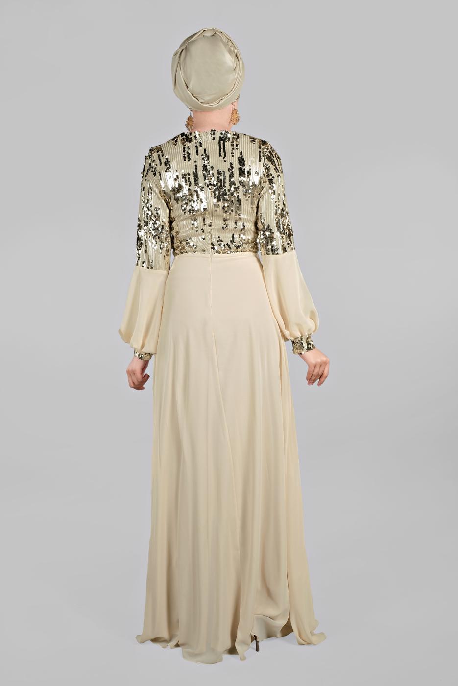 Hijab clothing BEIGE Voluminous Sleeve Sequined Evening Dress T 63393 