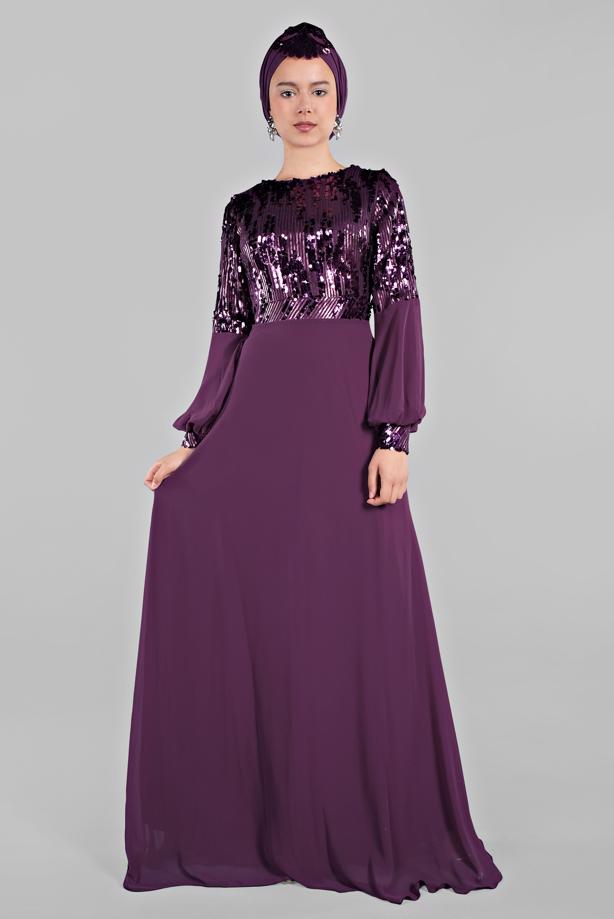 Hijab clothing  Voluminous Sleeve Sequined Evening Dress T 63393  - TRENDTESETTÜR