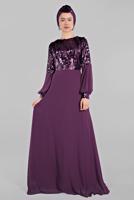 Tesettür giyim MOR PUL PAYETLİ KOLLARI BALON ABİYE ELBİSE 63393 