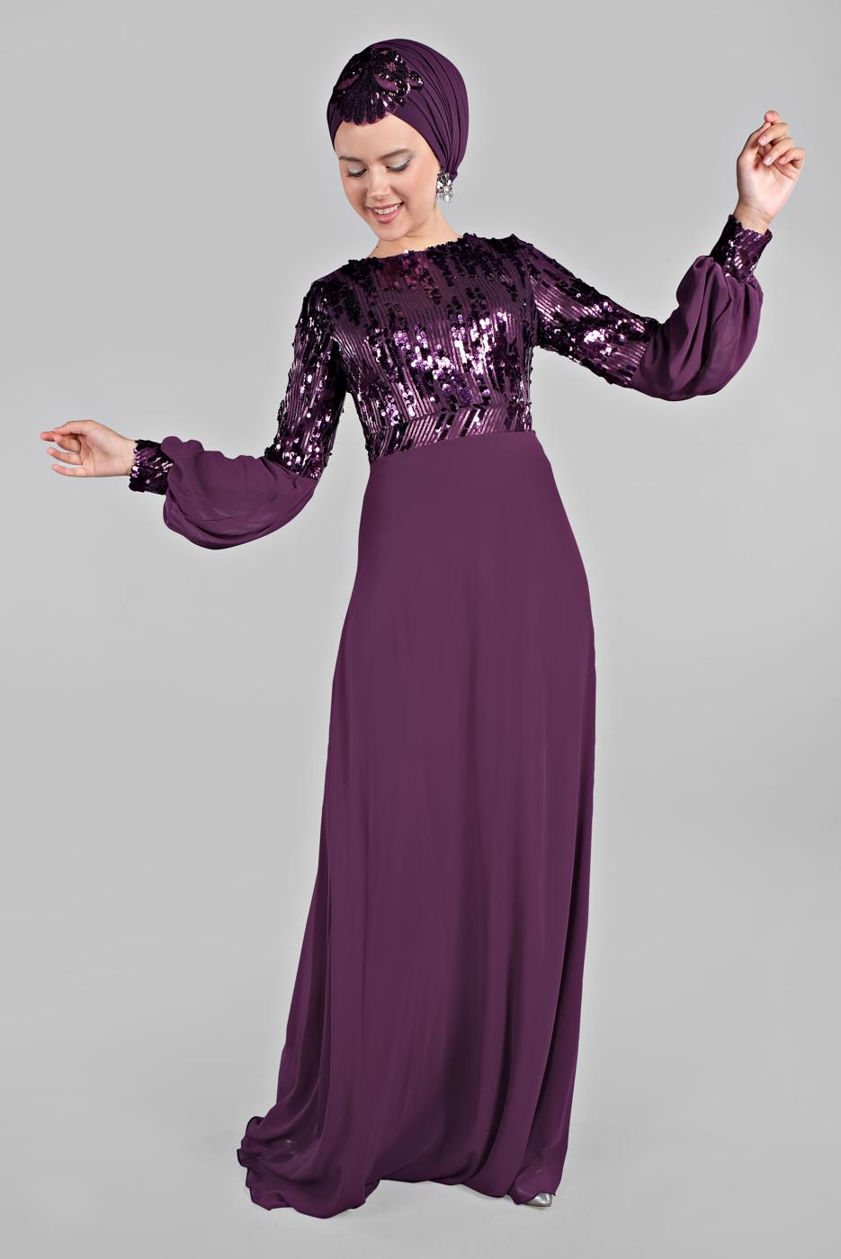 Hijab clothing PURPLE Voluminous Sleeve Sequined Evening Dress T 63393 