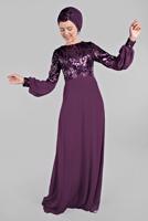 Hijab clothing PURPLE Voluminous Sleeve Sequined Evening Dress T 63393 
