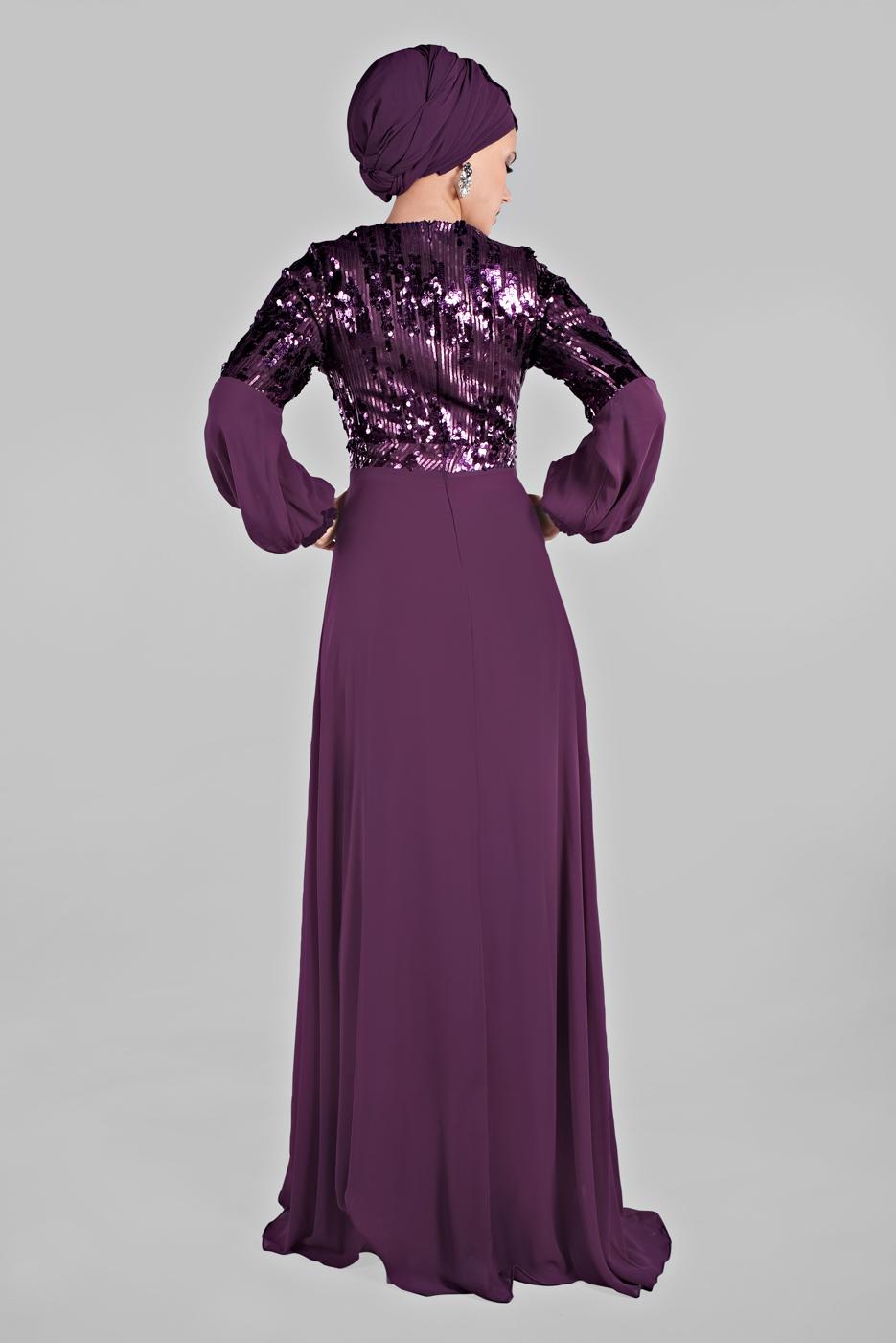 Hijab clothing PURPLE Voluminous Sleeve Sequined Evening Dress T 63393 