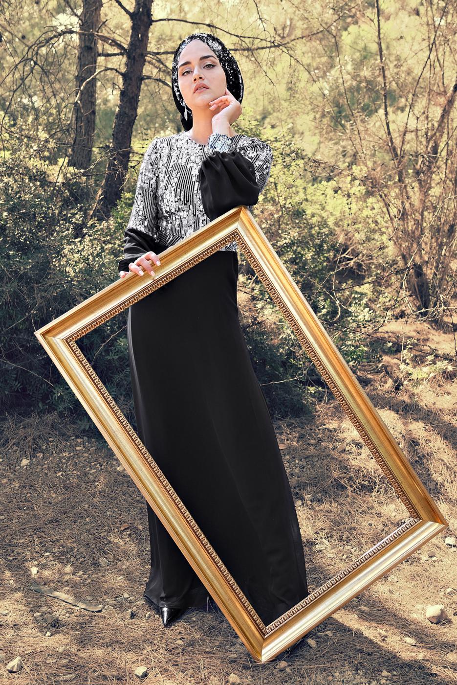 Tesettür giyim SİYAH PUL PAYETLİ KOLLARI BALON ABİYE ELBİSE 63393 