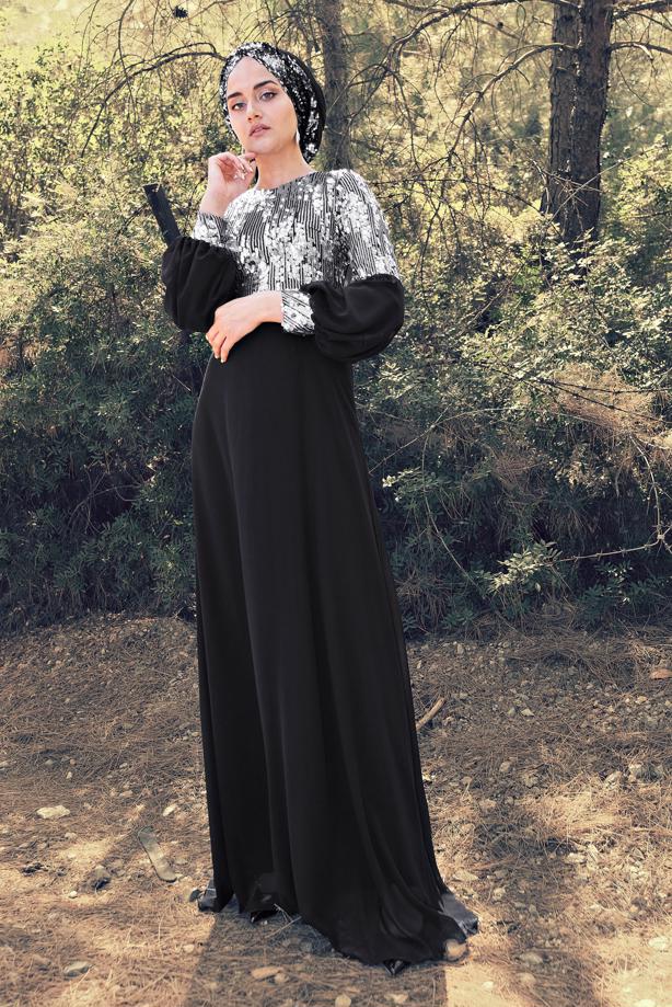 Hijab clothing  Voluminous Sleeve Sequined Evening Dress T 63393  - TRENDTESETTÜR